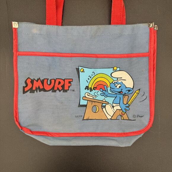 Vintage 1980s Smurfs Kids Canvas Tote Bag Pouch Blue BBC Imports - Picture 2 of 6